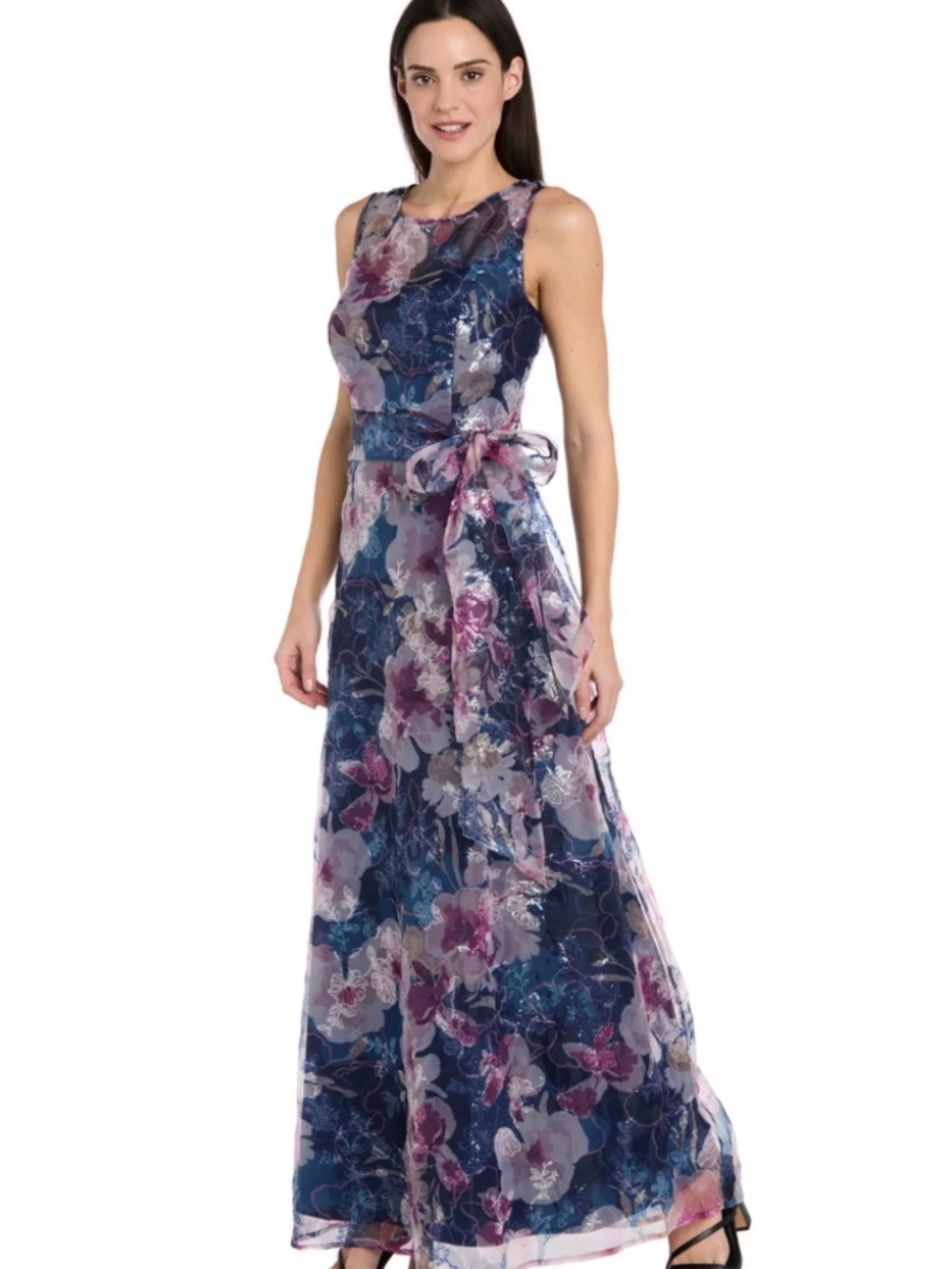 R & M Richards Navy Floral Chiffon Maxi Dress with Purple & Pink Accents - Picture 7 of 8
